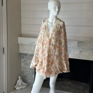 Torrid Ivory Floral Embroidered Crochet Detail Open Boho Kimono Size 3/4